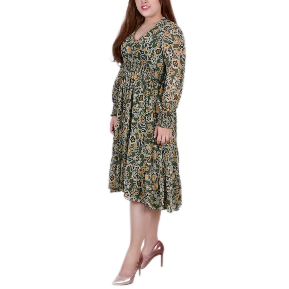 NY Collection Women's Green Floral‎ Print Long Sleeve Midi Dress XL